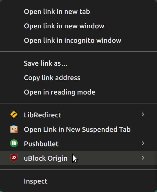 A screenshot showing a user with their mouse hovering over the “uBlock Origin” sub-menu of the menu which appeared when right-clicking the link above