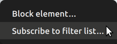 A screenshot showing a user with their mouse hovering over the “Subscribe to Filter List...” option of the “uBlock Origin” sub-menu mentioned above